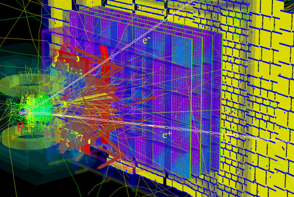 bunte Linien und Flächen, die den CBM-Detektor und Teilchenkollisionen und -spuren darstellen