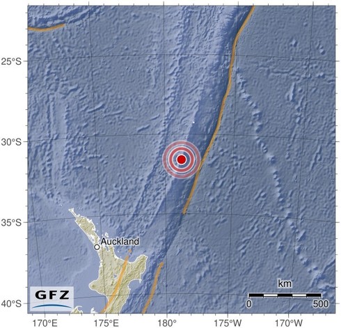 Map showing the earthquake of 2024-04-25 in Kermadec Islands Region