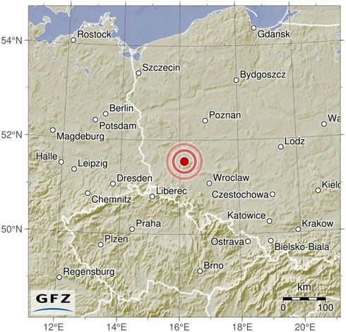 Map showing the earthquake of 2024-04-25 in Poland