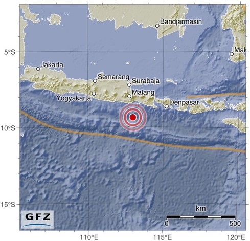 Map showing the earthquake of 2024-05-10 in South of Java, Indonesia