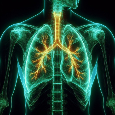 menschliche Lunge mit grafisch dargestelltem Tumor und Braggpeak