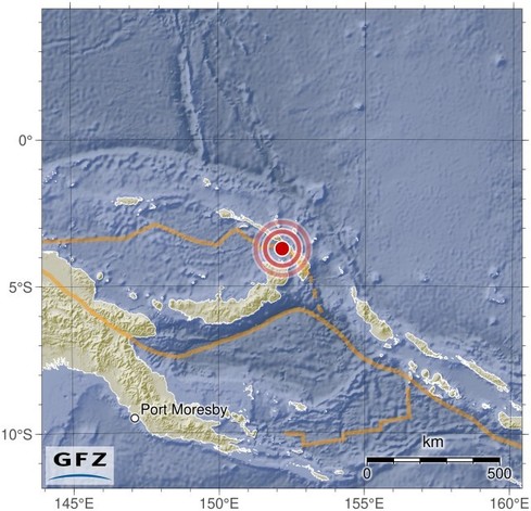 Map showing the earthquake of 2024-05-18 in New Ireland Region, Papua New Guinea