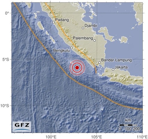 Map showing the earthquake of 2024-06-14 in Southern Sumatra, Indonesia
