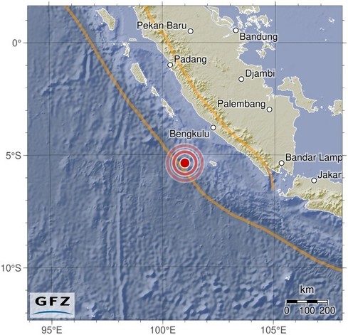 Map showing the earthquake of 2024-07-10 in Southwest of Sumatra, Indonesia