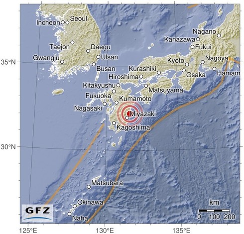 Map showing the earthquake of 2024-07-29 in Kyushu, Japan